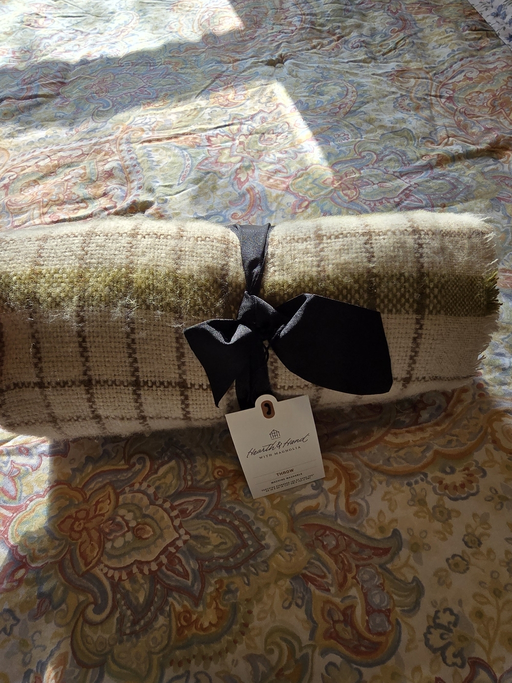 Hearth & Hand Cream and Olive Green Plaid Throw Blanket